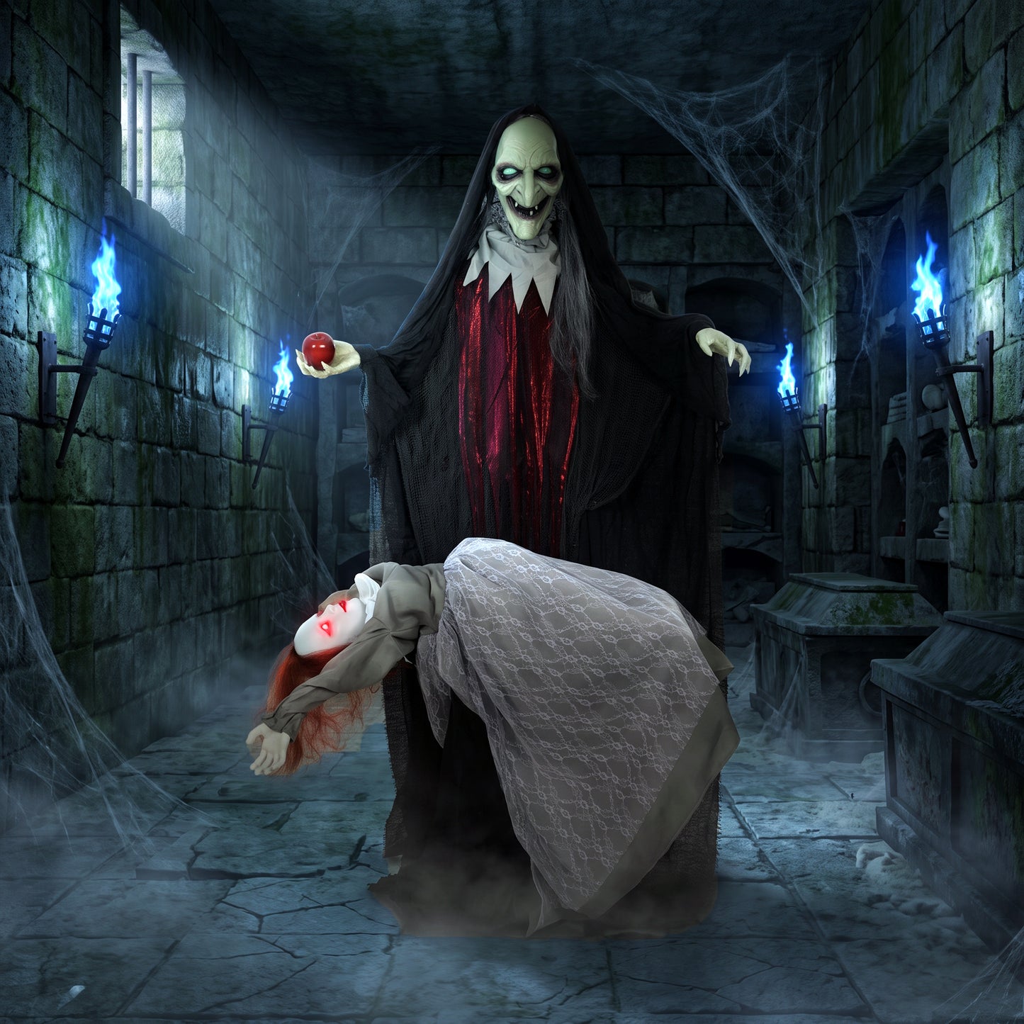 Halloween Animated Standing Witch with Floating Ghost Decoration with Rising and Falling Motion