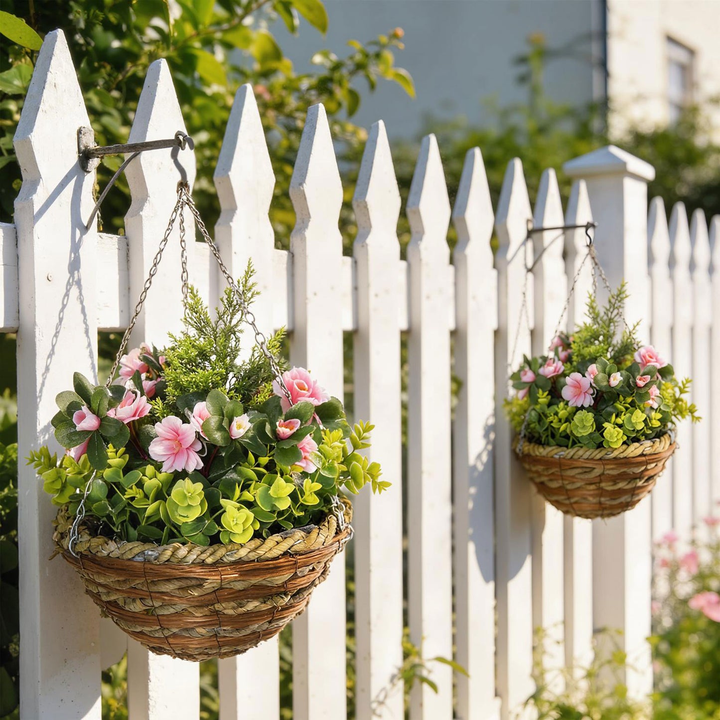 Set of Two Hanging Lisianthus Flower Pots - Pink/Green