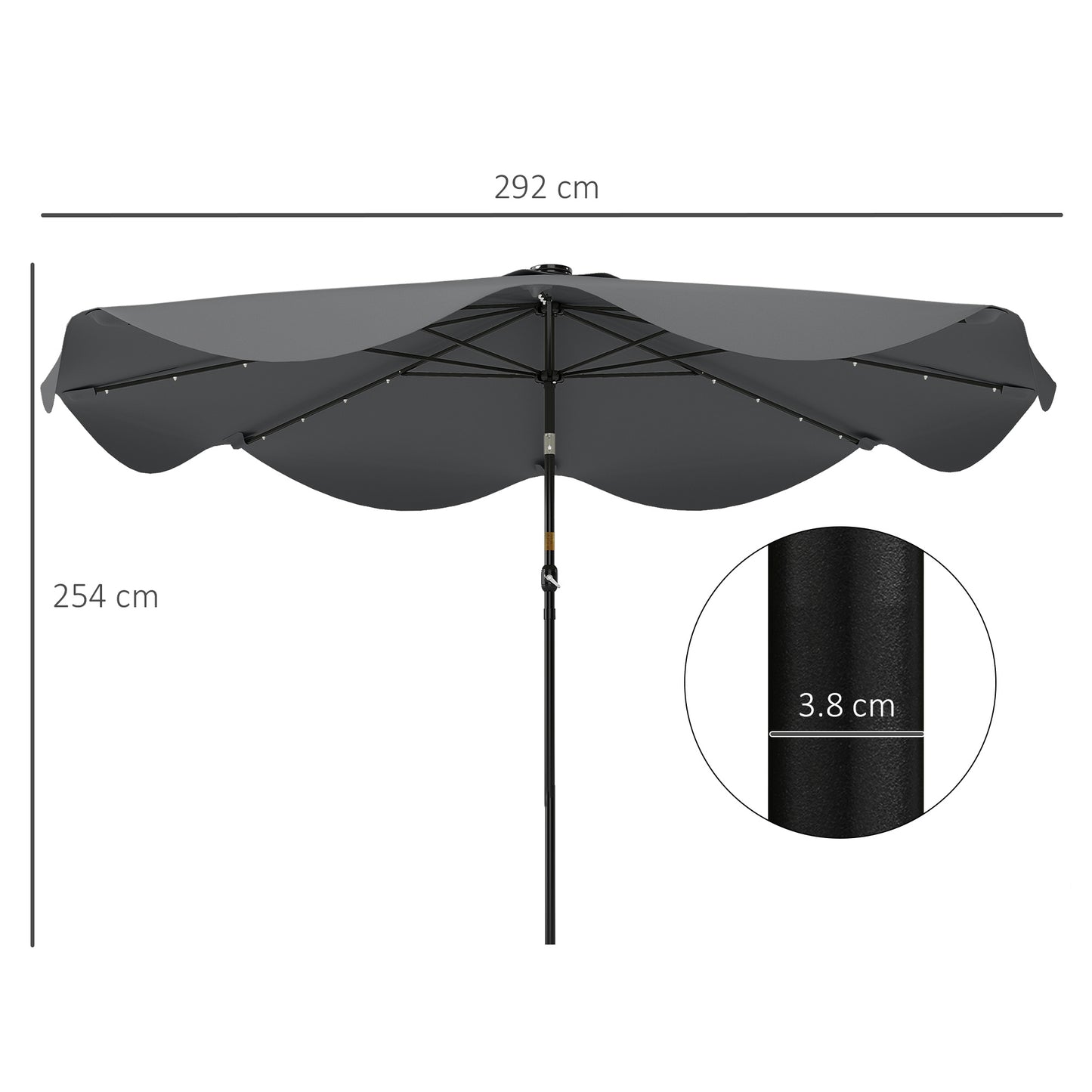 Solar Patio Umbrella with LED and Tilt, Outdoor Market Table Umbrella Parasol with Crank, 3 x 3 (m), Dark Grey