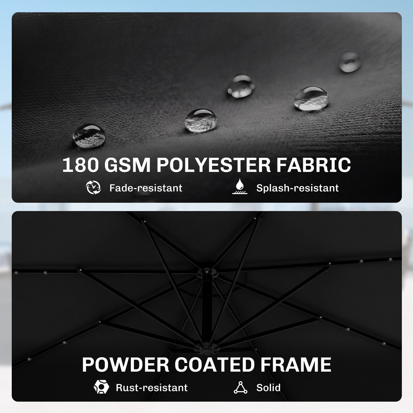 3 m Cantilever Parasol with Solar LED Lights Garden Umbrella with Cross Base, Black