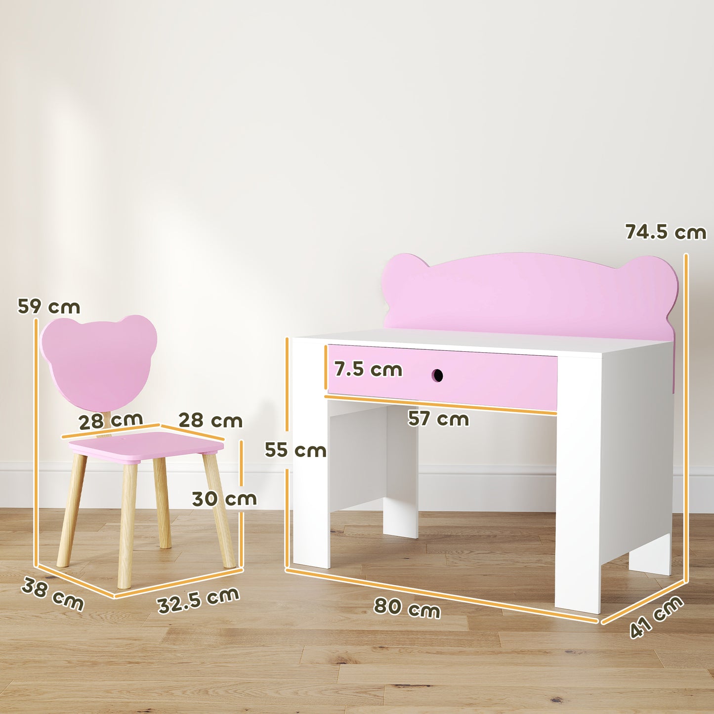 Kids Desk and Chair Set with Drawer for Drawing, Reading, Bear Theme Children Furniture for Bedroom, Daycare, Pink