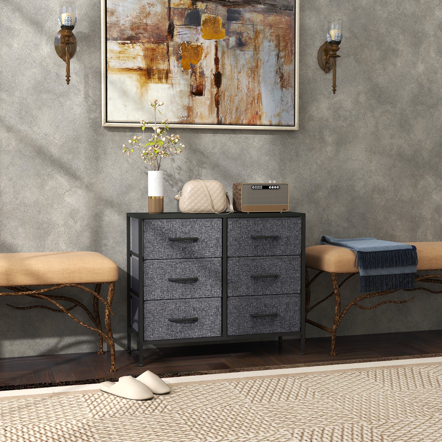 Fabric Chest of Drawers, Industrial Bedroom Dresser with 6 Fabric Drawers, Steel Frame and Wooden Top for Nursery