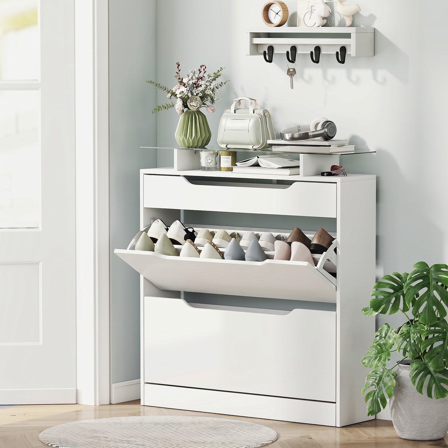 Shoe Storage Cabinet with Slide Out Drawer, 2 Flip Doors, Tempered Glass Top - White