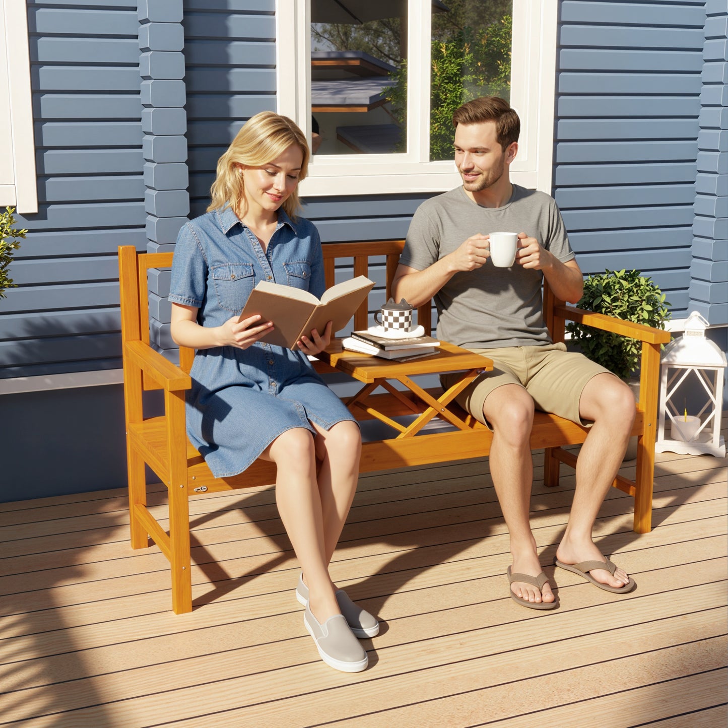 Wooden Bench with Liftable Middle Table, Outdoor Bench, Patio Loveseat for Porch, Garden, Seats 2-3 People