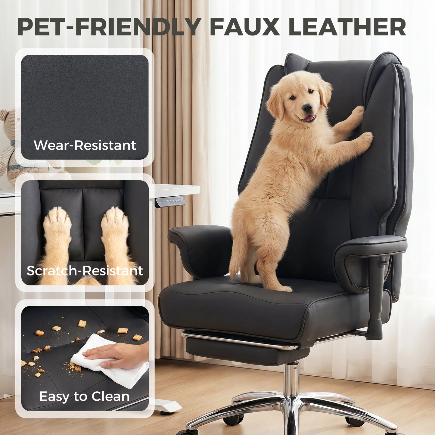 Executive Office Chair, Reclining Desk Chair with Footrest, Adjustable Armrests, Pet Friendly Faux Leather, Black