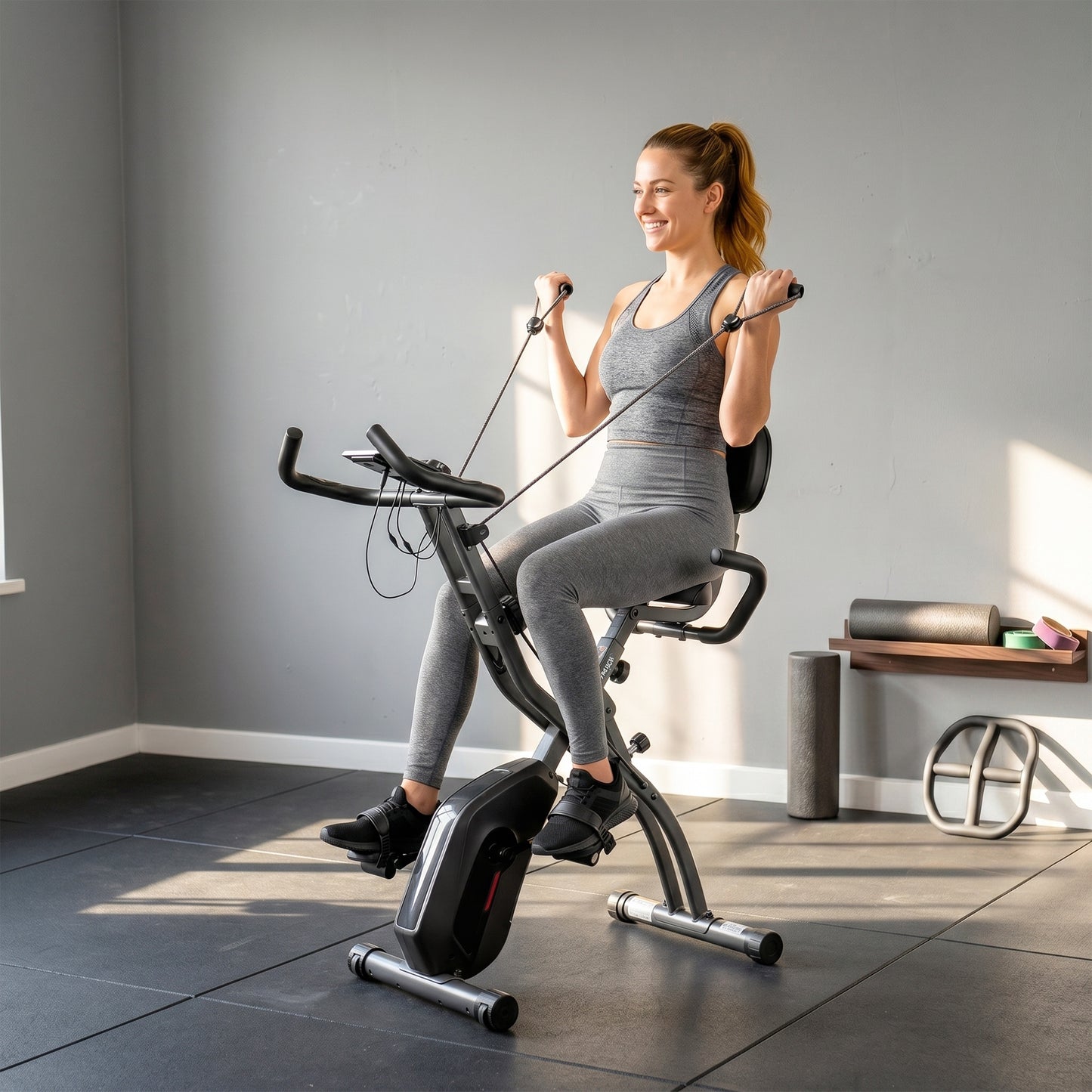 4-In-1 Folding Exercise Bike with Resistance Bands, Bluetooth App, 8-Level Magnetic Resistance, LCD Display, Black