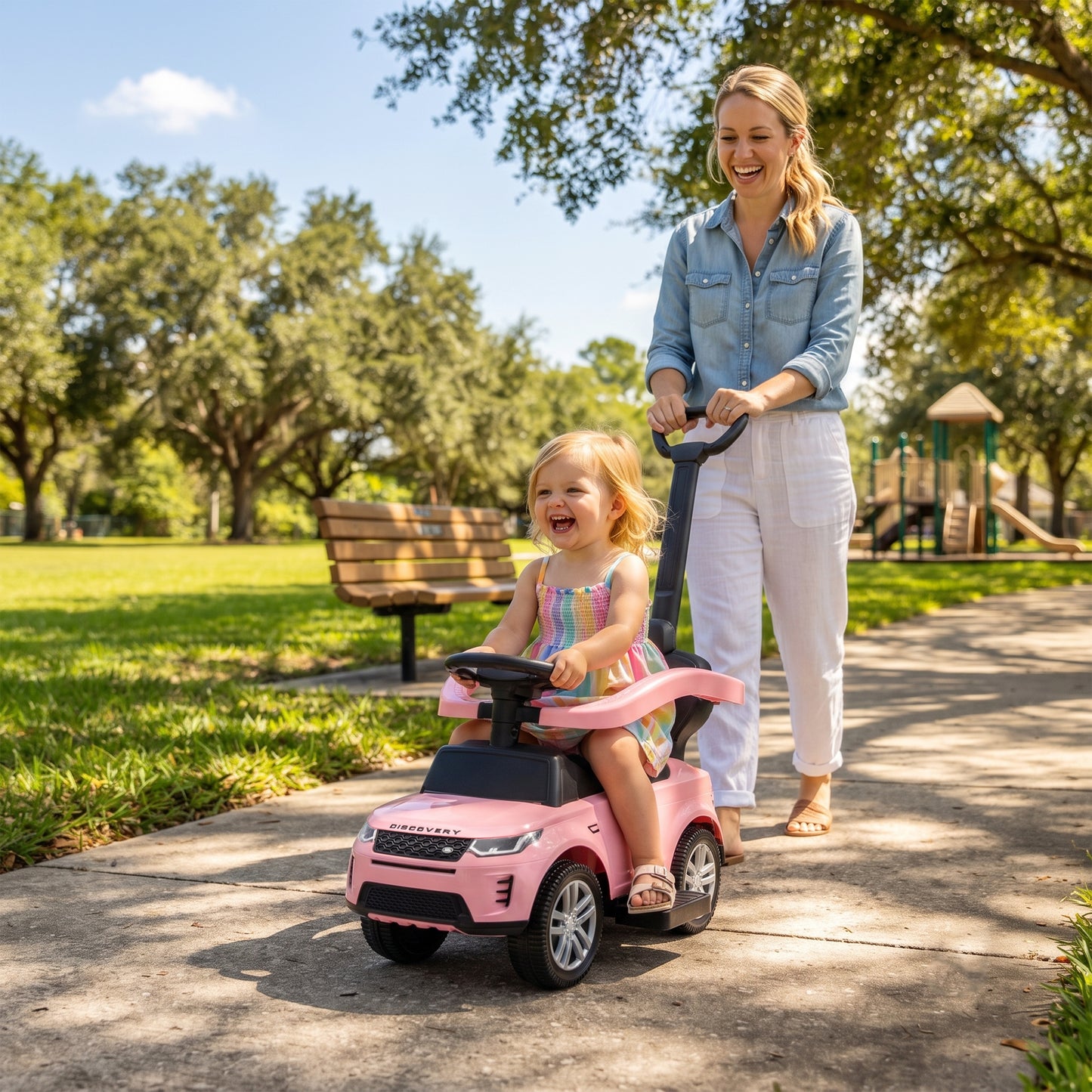 Land Rover Discovery Licensed Baby Push Car, 2-in-1 Ride on Car with Push Handle and Safety Guardrail, Pink