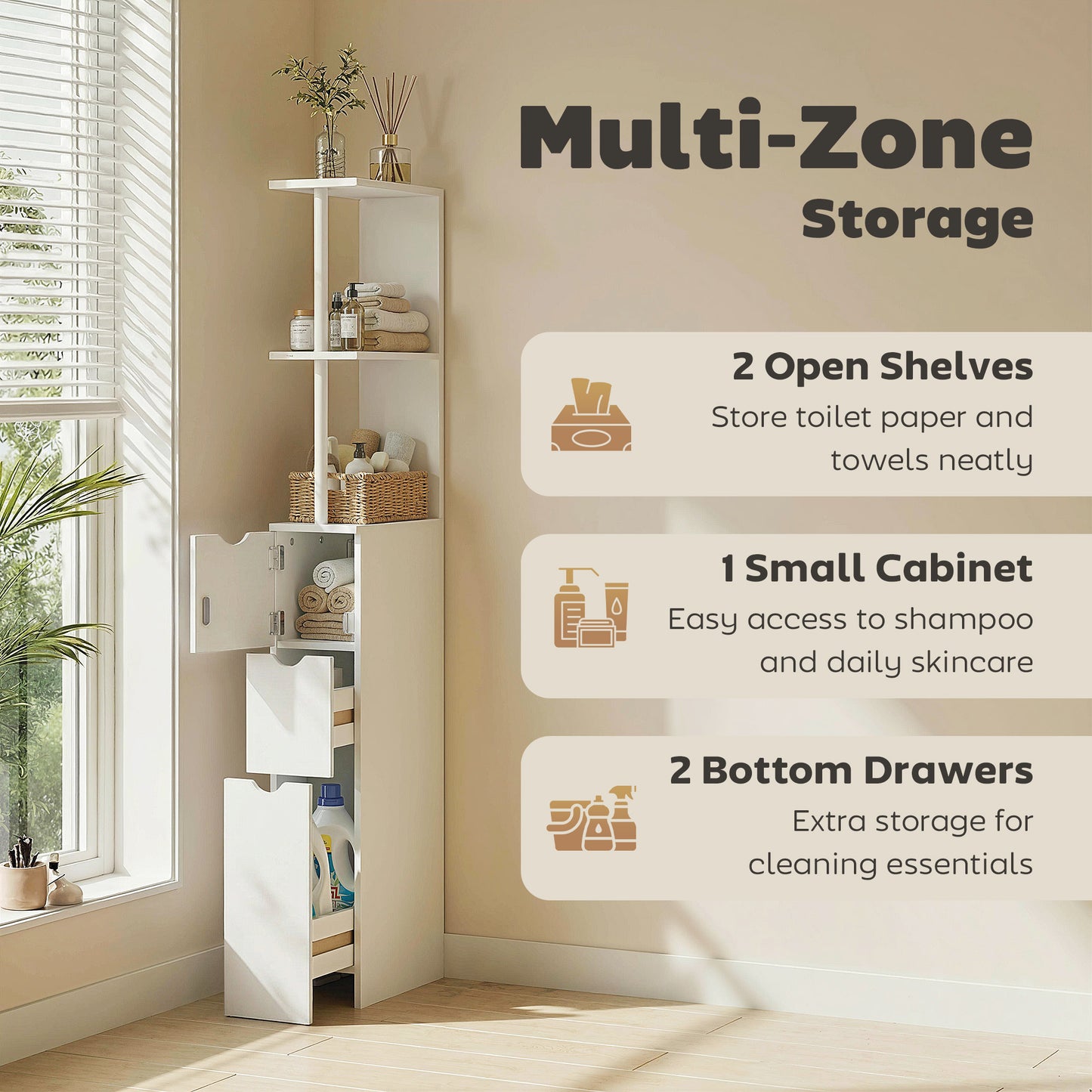 Slim Bathroom Storage Cabinet with Drawers, Tall Bathroom Cupboard with 2-Tier Shelf, White