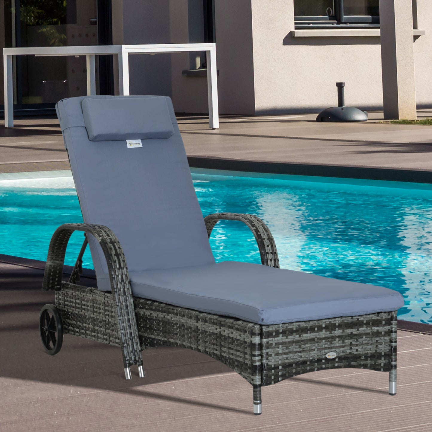Garden Rattan Furniture Single Sun Lounger Recliner Bed Reclining Chair Patio Outdoor Wicker Weave Adjustable Headrest
