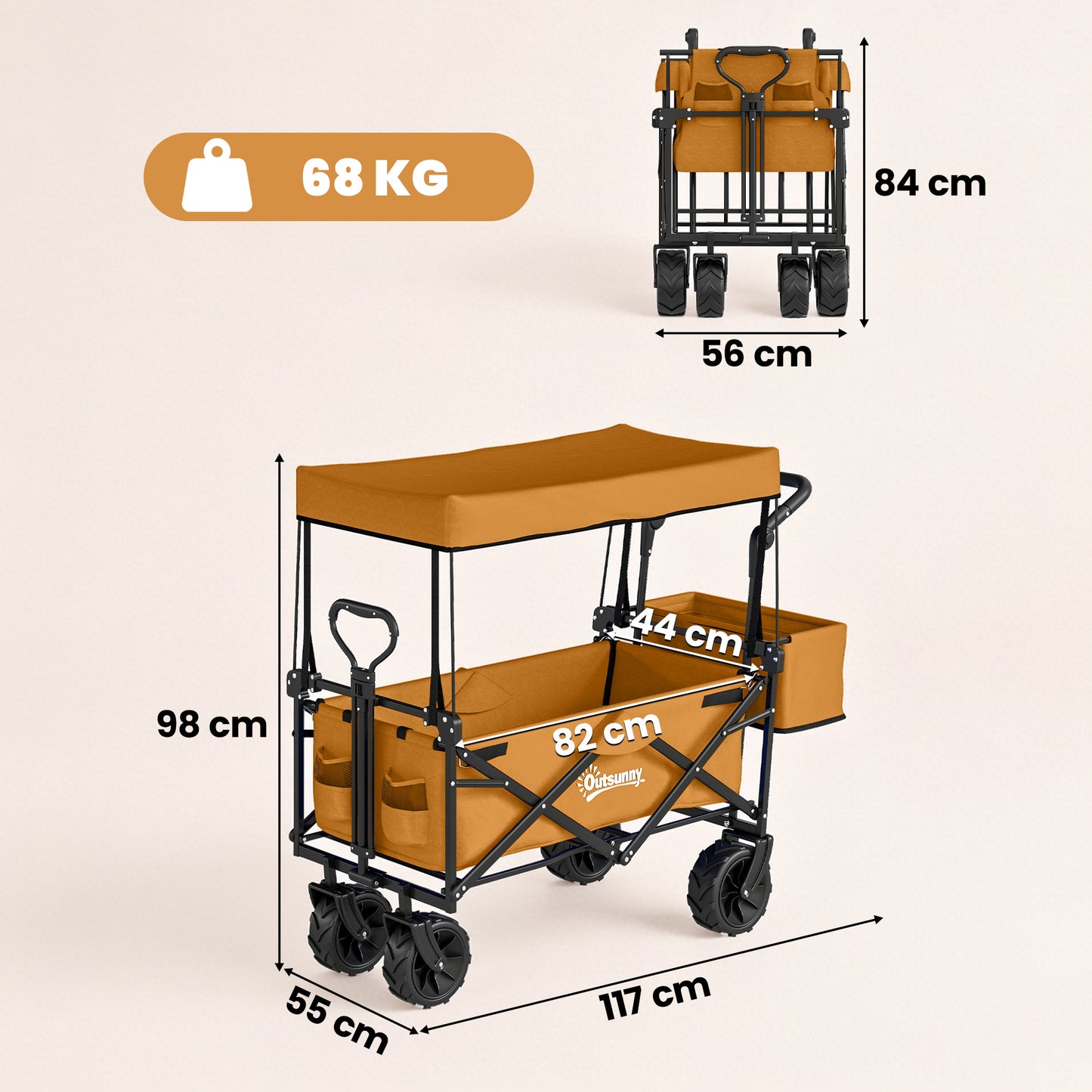 180L Festival Trolley on Wheels, Push & Pull Beach Cart with Removable Canopy, Wide All-Terrain Wheels