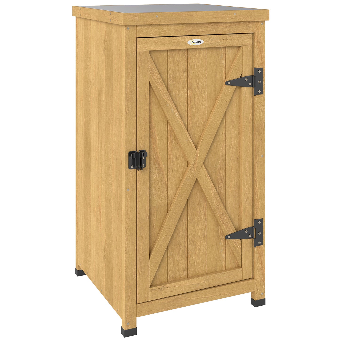 Wooden Garden Shed, Garden Tool Storage Shed with Metal Top and Shelf, Light Brown