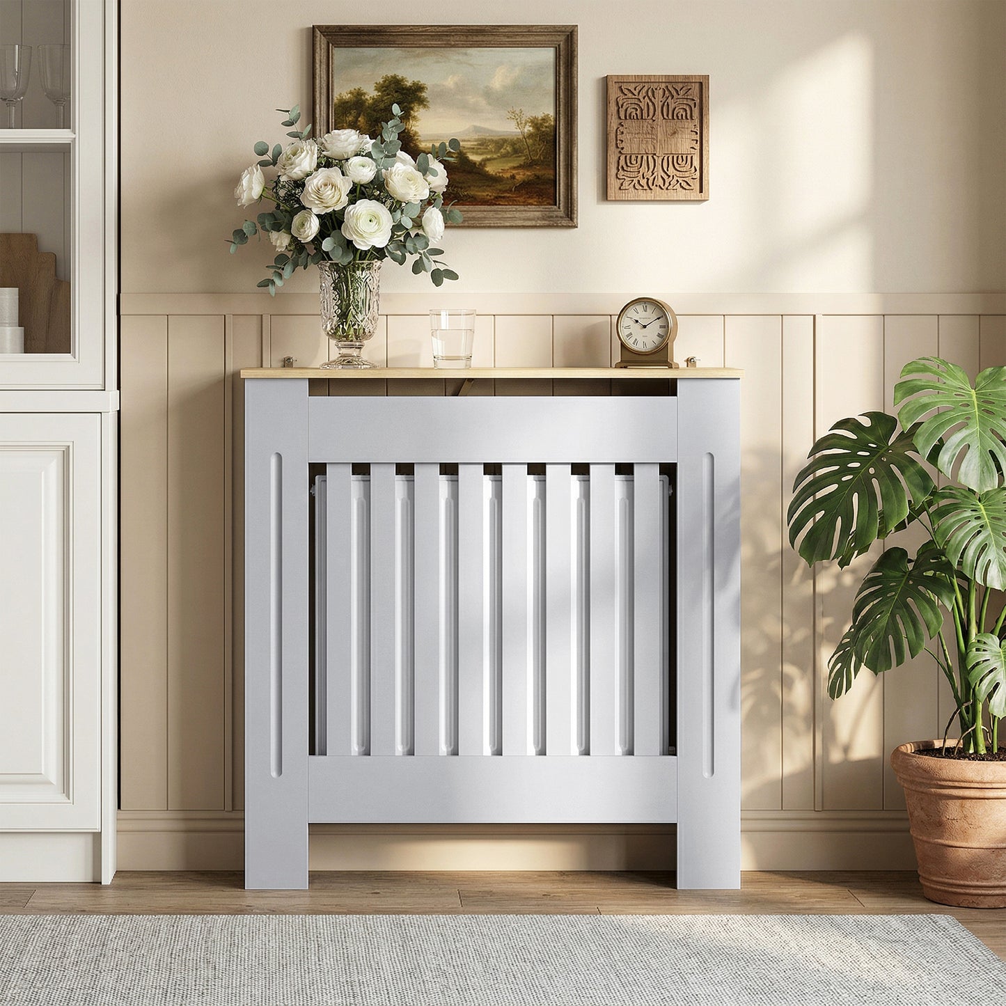 Heater Cover, Radiator Cover Slatted Painted MDF Lined Grill Grey, 78L x 19W x 81H cm