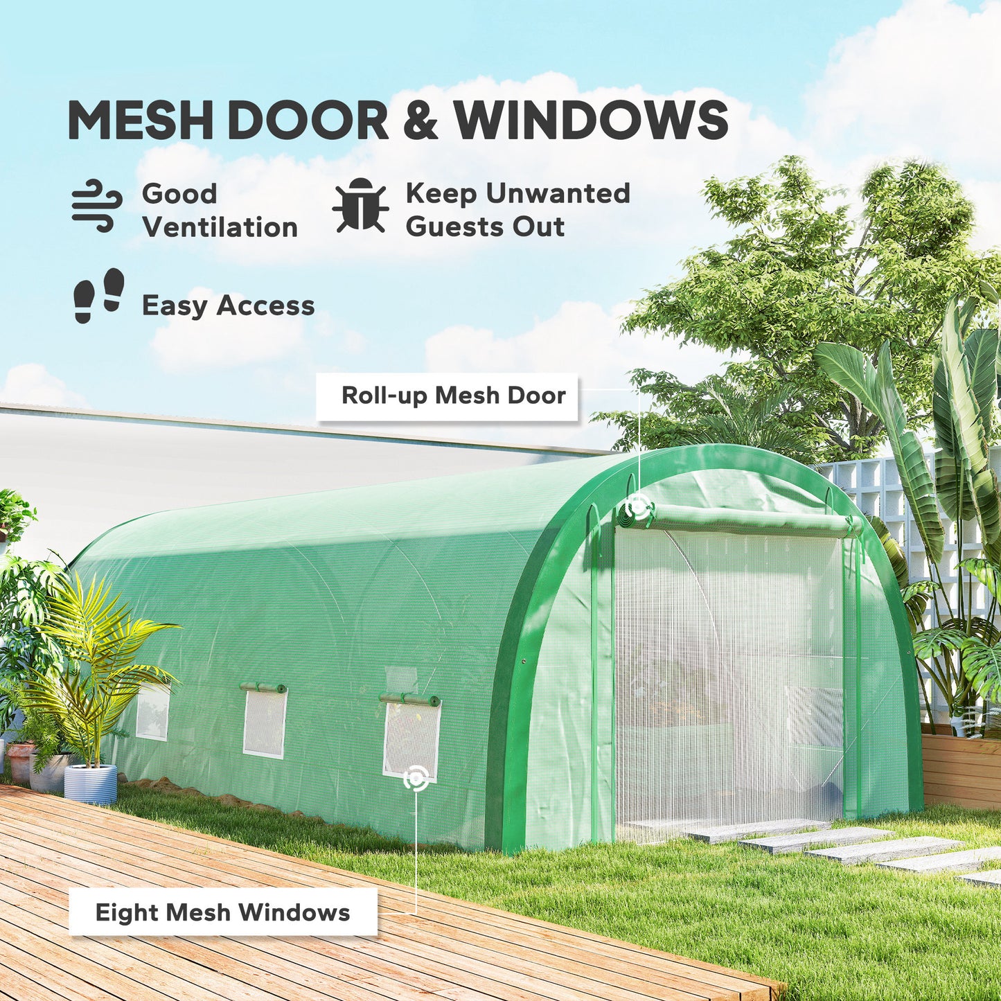 6 x 3(m) Polytunnel Greenhouse with Upgraded Structure, Mesh Door and Windows, 15 Plant Labels, Green