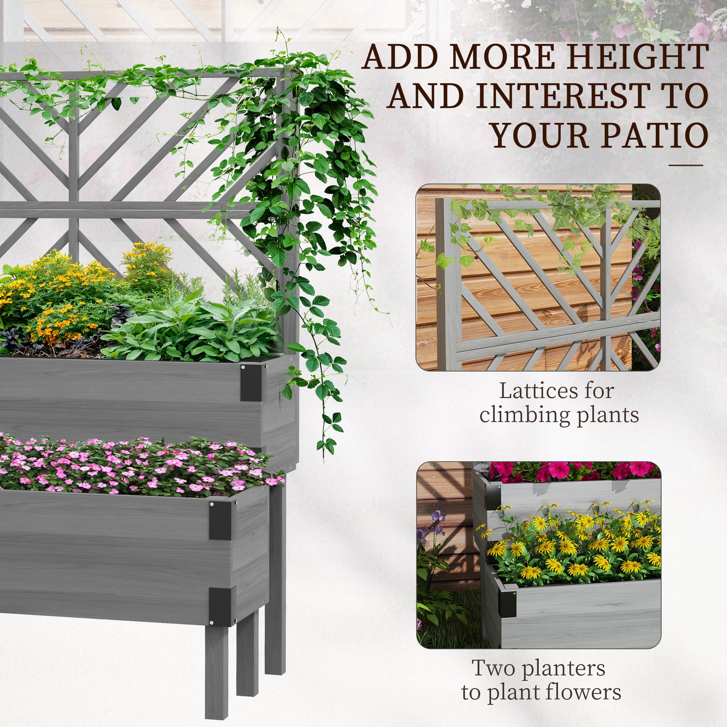 Raised Garden Bed with Trellis, 2-Tier Wooden Elevated Planter Box for Vegetables, Flowers, Herbs, Grey