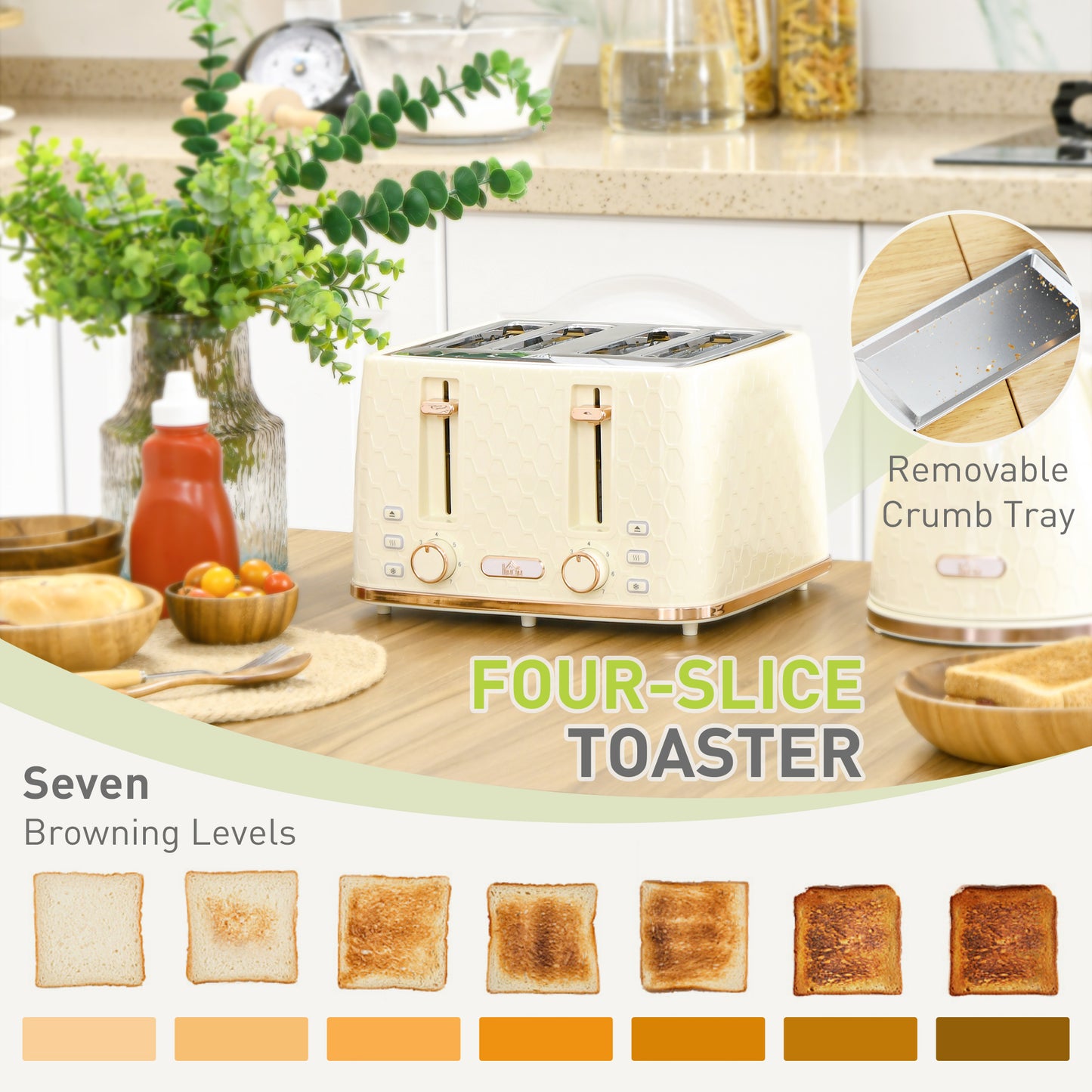 Kettle and Toaster Set, 1.7L 3000W Fast Boil Jug Kettle, 4 Slice Toaster with 7 Level Browning Controls, Beige