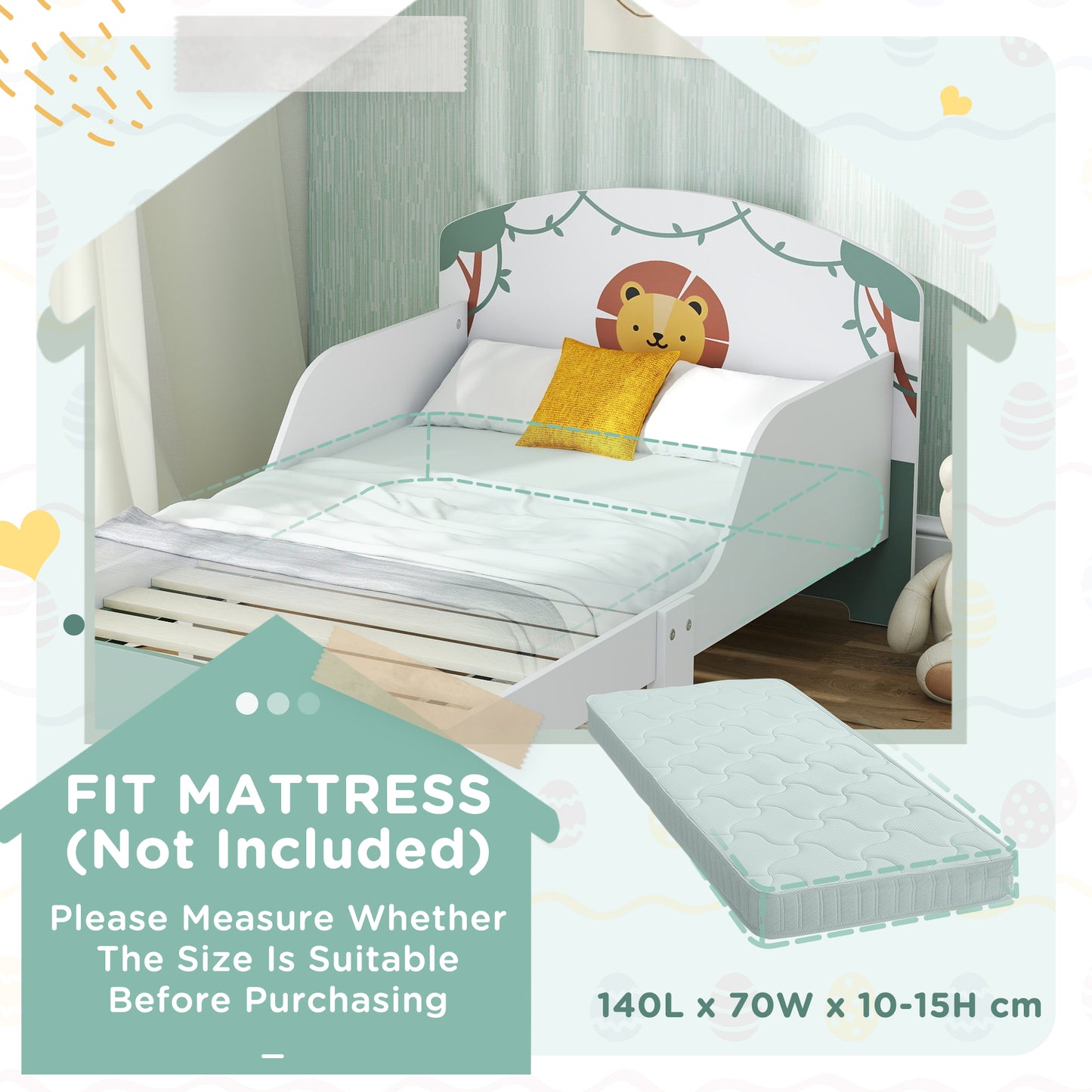 Toddler Bed with Storage, Guardrails, Lion Design, for Ages 3-8 Years, Fits 140 x 70cm Mattress, Green