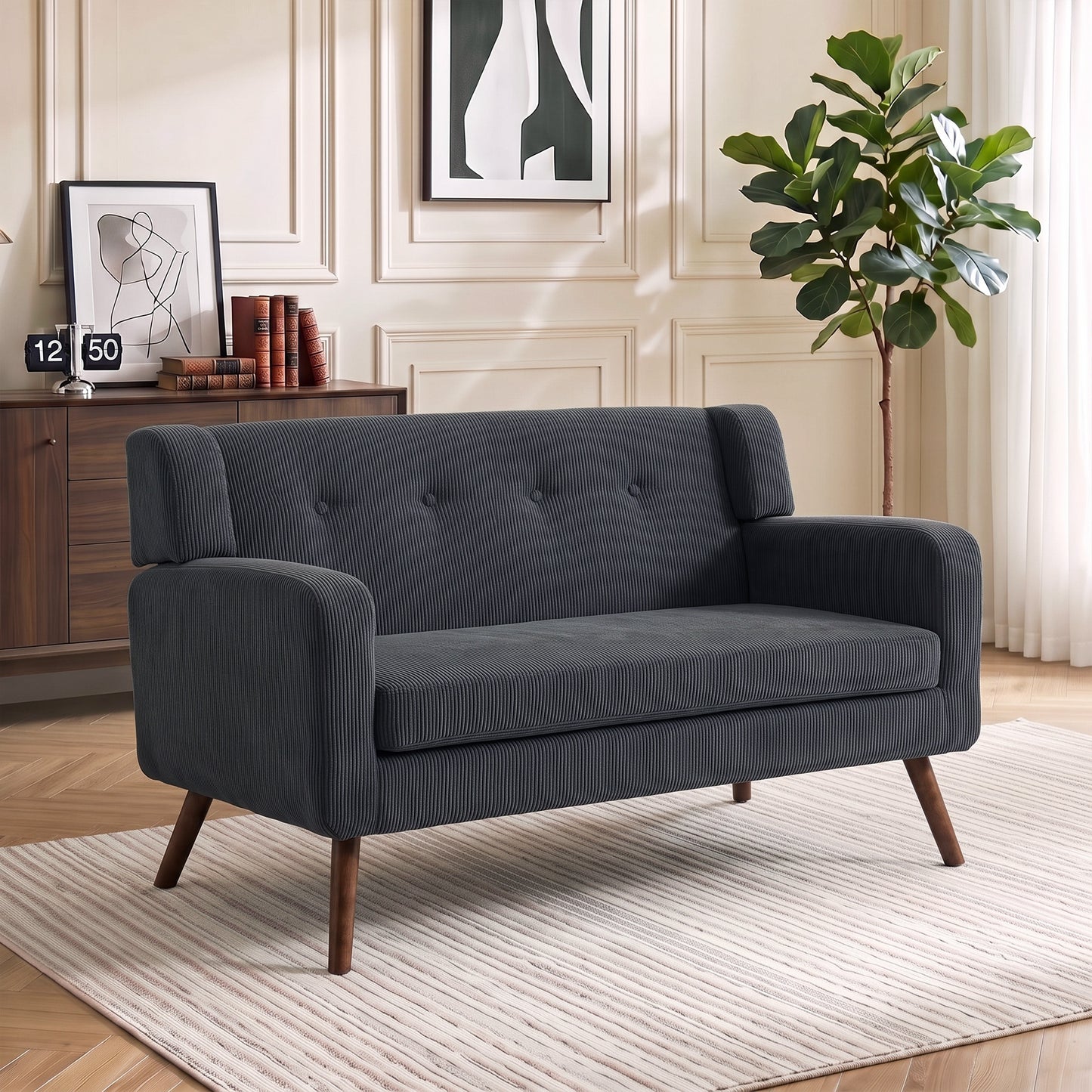 2 Seater Sofa, 118 cm Corduroy Small Loveseat with Spring Cushion, Wood Legs for Small Space, Living Room, Dark Grey