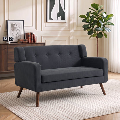 2 Seater Sofa, 118 cm Corduroy Small Loveseat with Spring Cushion, Wood Legs for Small Space, Living Room, Dark Grey
