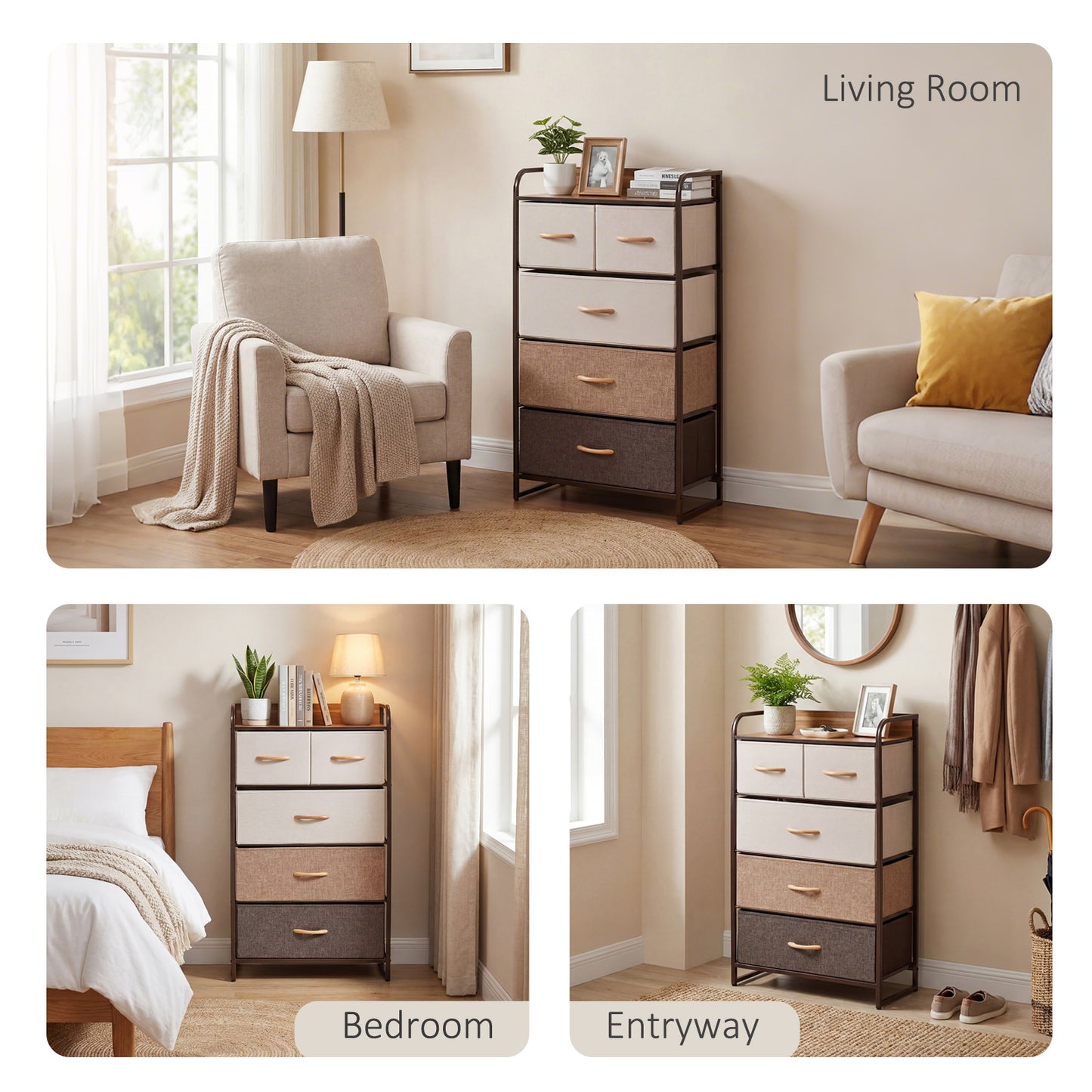 5-Drawer Dresser Tower 3-Tier Storage Organizer with Steel Frame Wooden Top for Bedroom Hallway Closets