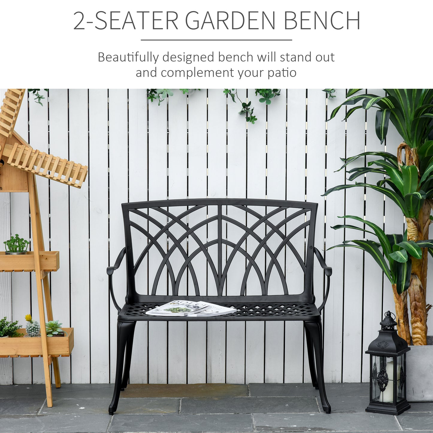 2-Seater Cast Aluminium Garden Bench Loveseat Outdoor Furniture Chair w/ Decorative Backrest & Ergonomic Armrest for Patio Te