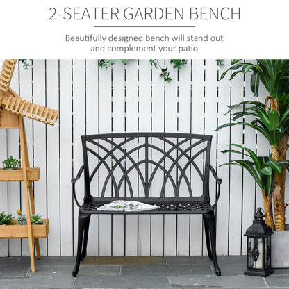 2-Seater Cast Aluminium Garden Bench Loveseat Outdoor Furniture Chair w/ Decorative Backrest & Ergonomic Armrest for Patio Te