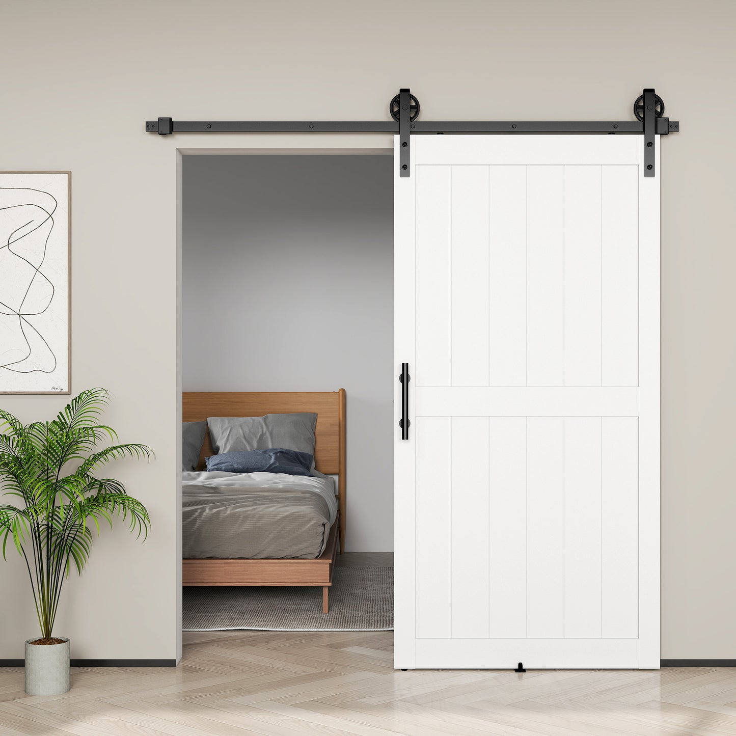213.4cm Sliding Barn Door Kit, Sliding Door with Track, Hardware, Upgraded Rollers and Floor Guide, Handle, White