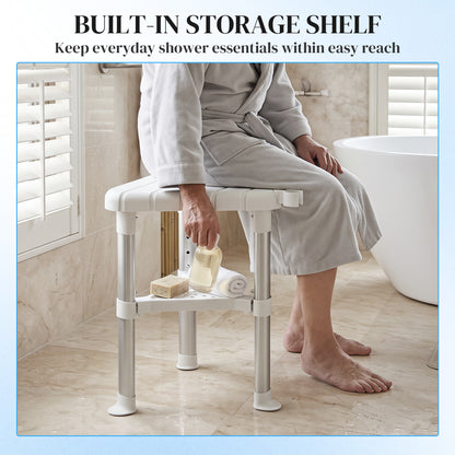 Shower Stool, Aluminium Alloy Corner Shower Chair with Storage Shelf and HDPE Seat, Adjustable Height, White