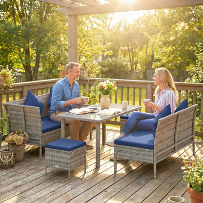 5 Pieces Rattan Garden Furniture Set with Dining Table, Cushions - Dark Blue