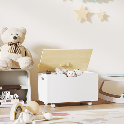 Toy Box with Lid, Toy Chest with Wheels and Safety Hinges, Toddler Storage Organiser for Playroom, Bedroom, White