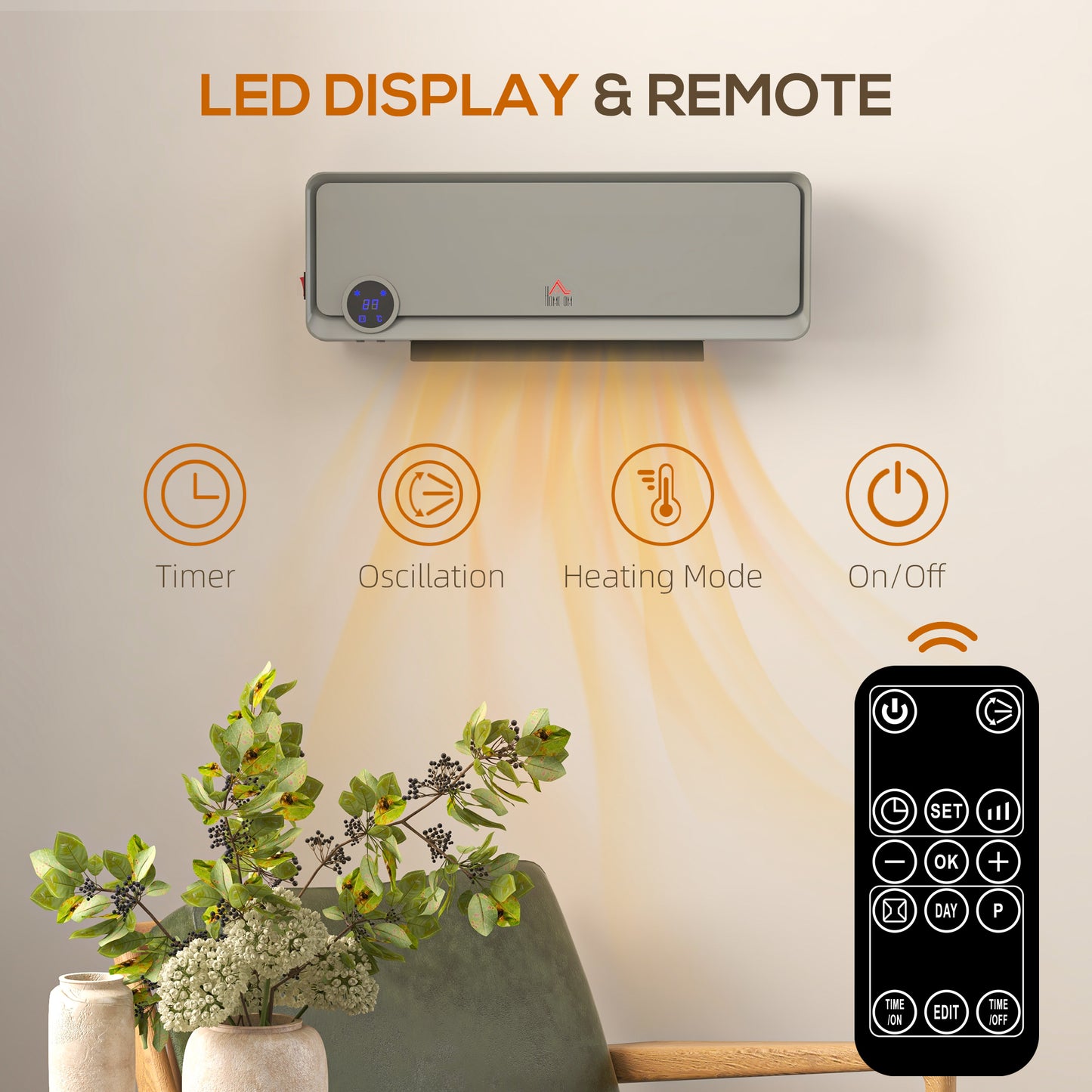 Wall Downflow Heater 2 Heat and Fan 1000W/2000W, Electric Space Heater with Timer Remote Oscillating