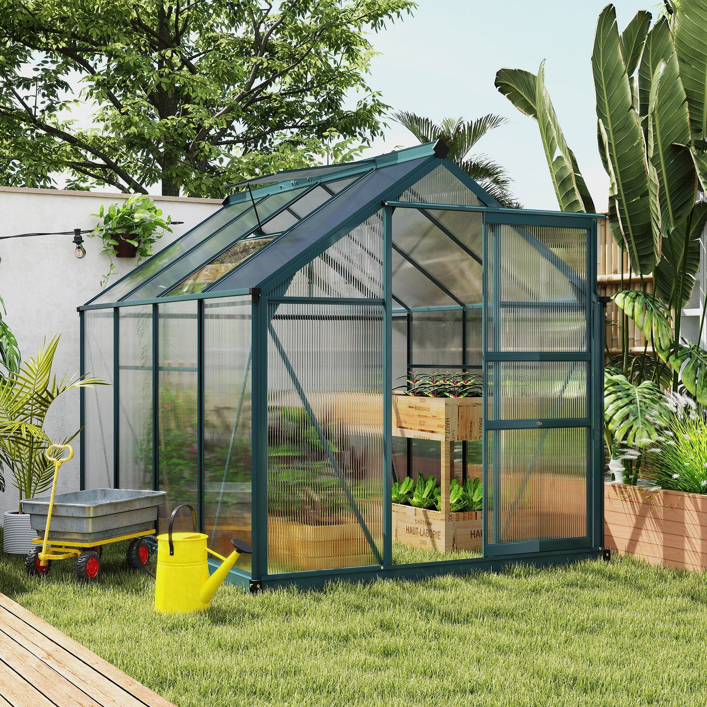6 x 8ft Polycarbonate Greenhouse, Large Walk-In Green House with Slide Door and Window