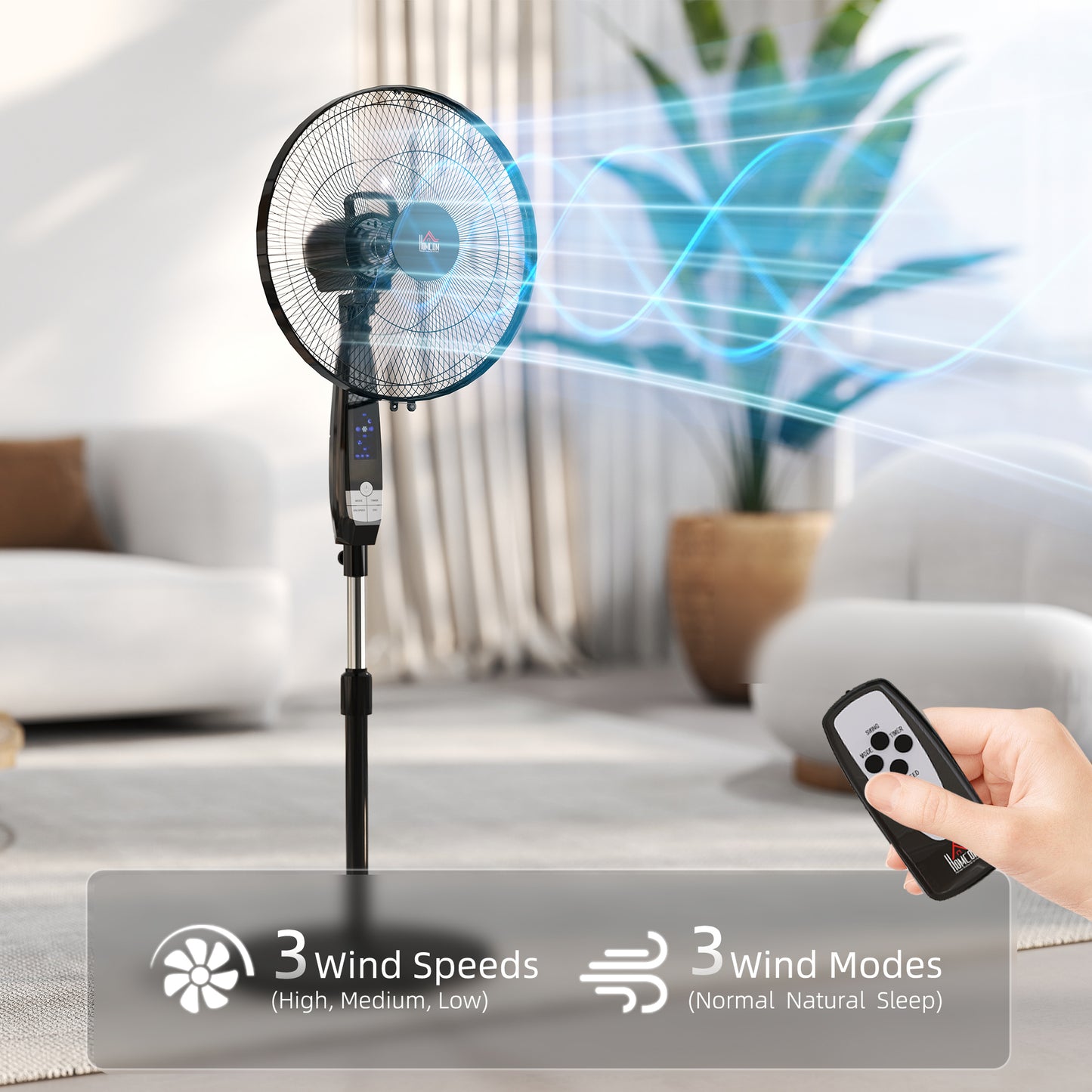 40 cm Pedestal Standing Floor Fan, Oscillation Cooling Fan with Remote Control, Black