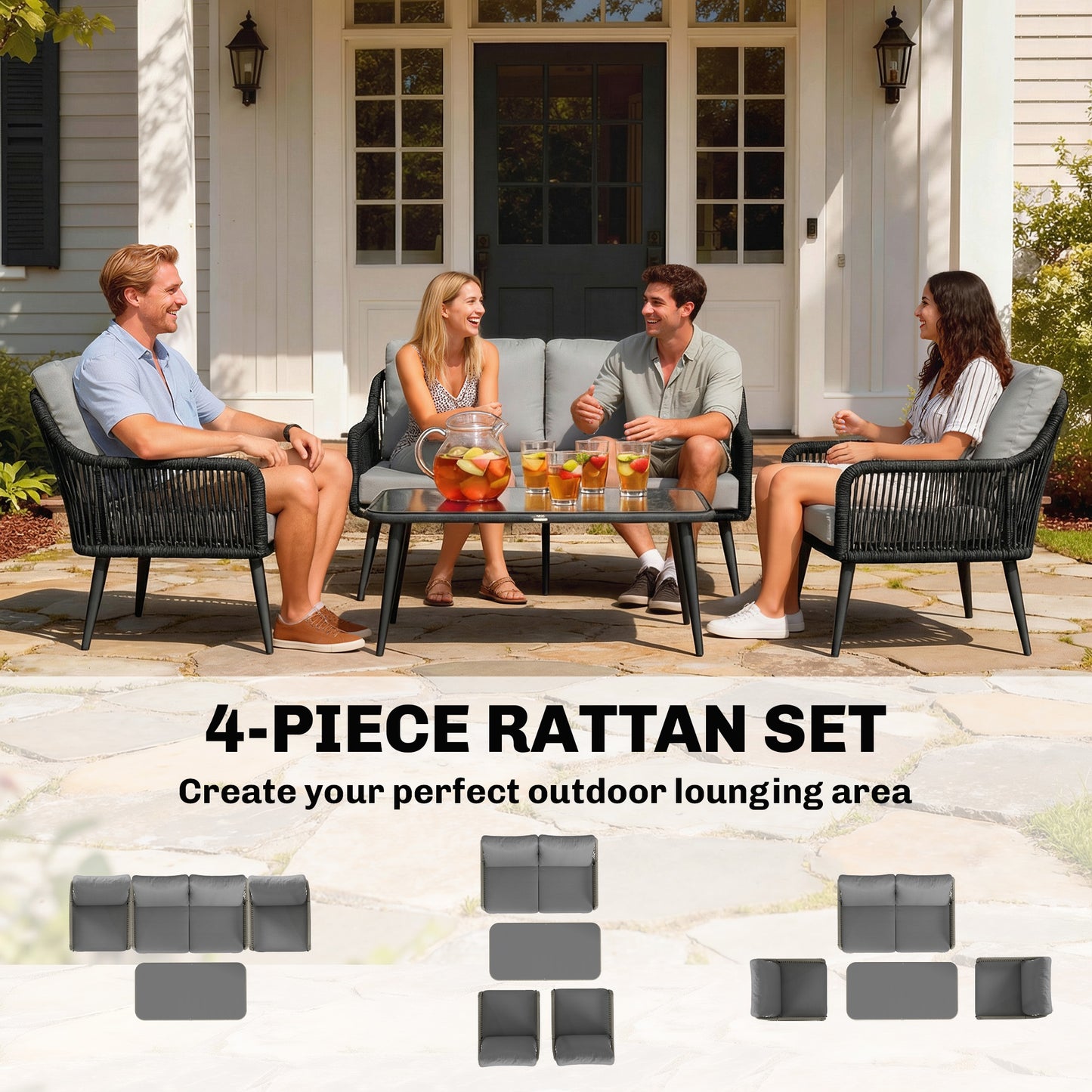 Rattan Garden Furniture Set, 4 Piece Outdoor Patio Furniture with Tempered Glass Table and Chairs