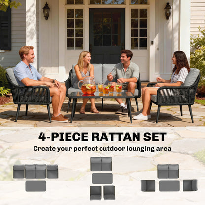 Rattan Garden Furniture Set, 4 Piece Outdoor Patio Furniture with Tempered Glass Table and Chairs