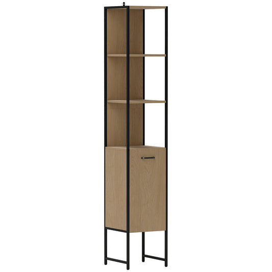 Tall Bathroom Cabinet with Open Shelves and Adjustable Shelf - Natural Wood Finish