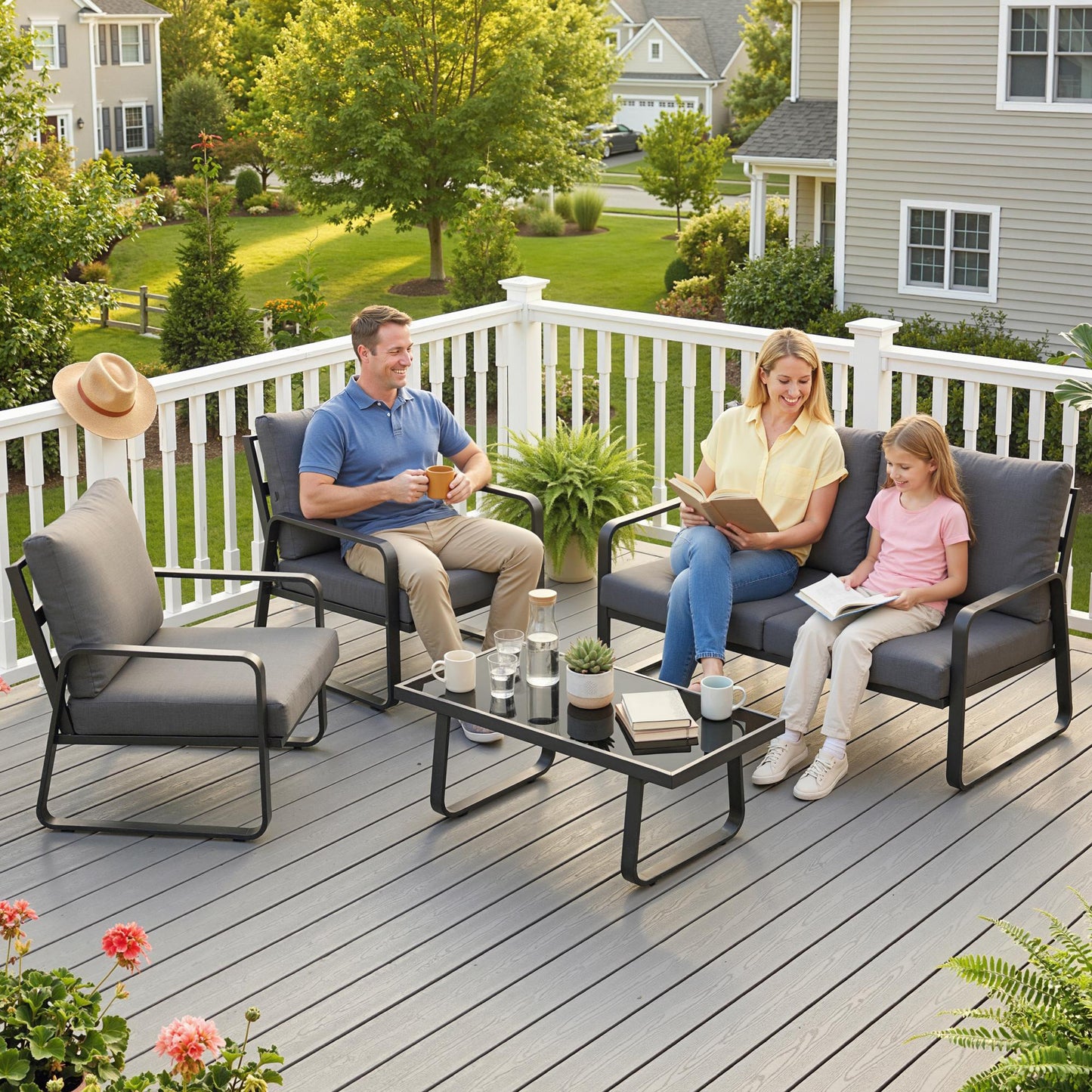4 Piece Garden Furniture Set, Outdoor Sofa Set with Loveseat, 2 Armchairs, Coffee Table and Cushions