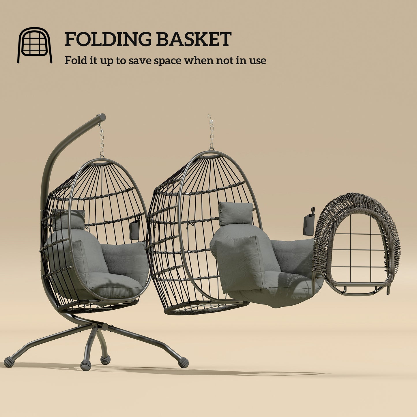 Hanging Egg Chair Outdoor Indoor Garden Swing Chair with Folding Basket and Thickened Cushion