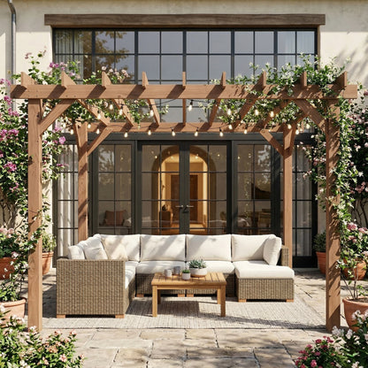3.6 x 3 m Wooden Pergola Kit, Garden Pergola Gazebo Grape Trellis with Triangle Supports, Maple Wood-effect