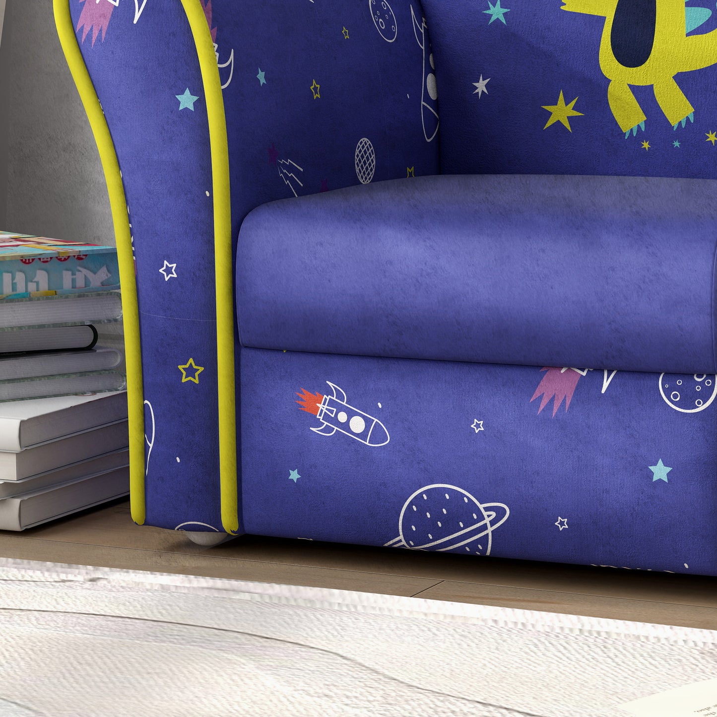 Kids Armchair with Planet Dinosaurs Design, Wooden Frame, for Bedroom, Playroom, Kids Room - Blue