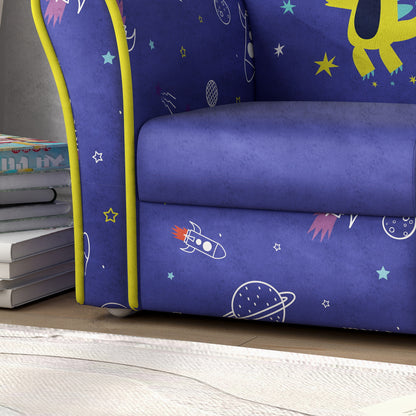 Kids Armchair with Planet Dinosaurs Design, Wooden Frame, for Bedroom, Playroom, Kids Room - Blue