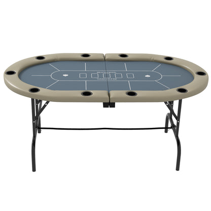 8 Player Folding Poker Table, with Cup Holders, Cushioning Edge, Brown and Blue