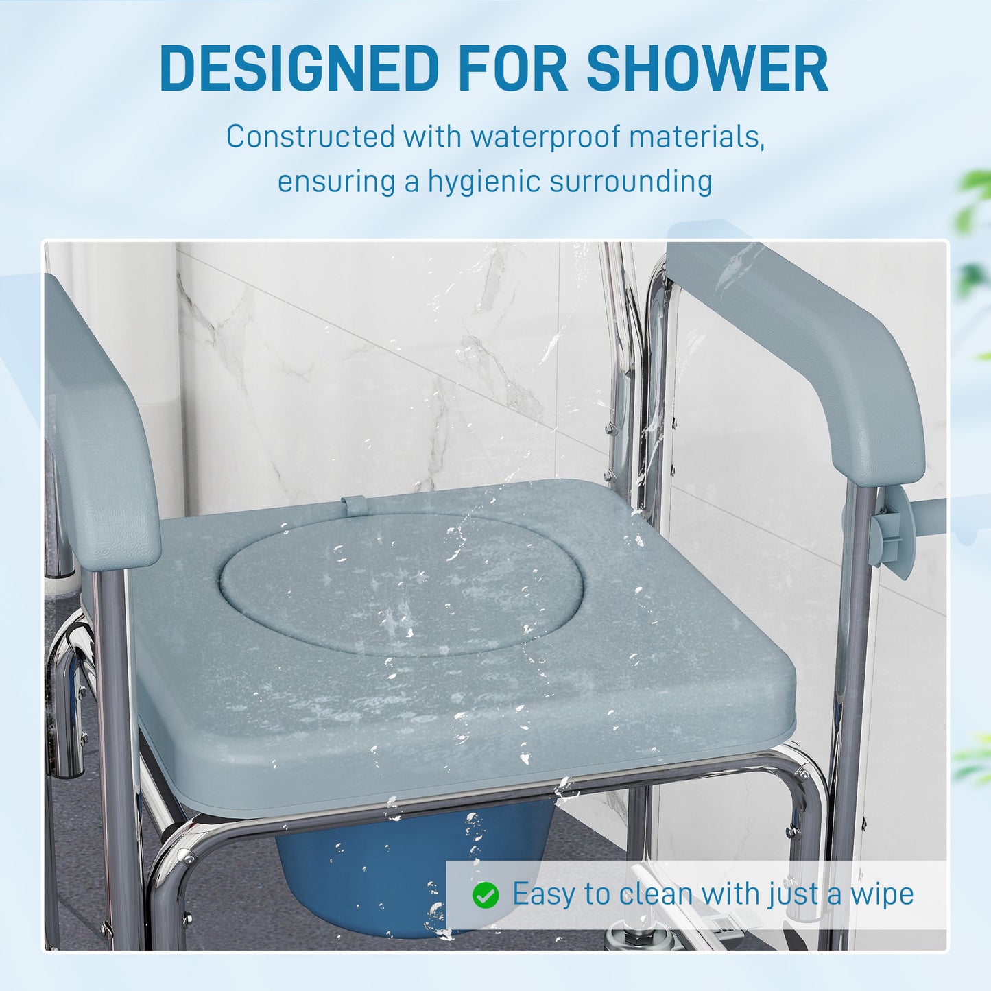Rolling Shower Wheelchair for Seniors, Bedside Commode Chair with Locking Wheels, Seat, Backrest, Arms, Grey