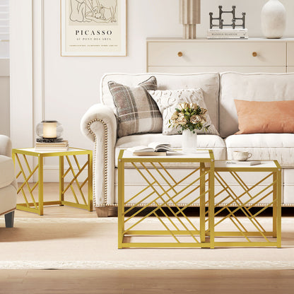 Nesting Coffee Tables, Set of 3 Square Side Tables with Gold Metal Frame, for Living Room, Bedroom and Office, White