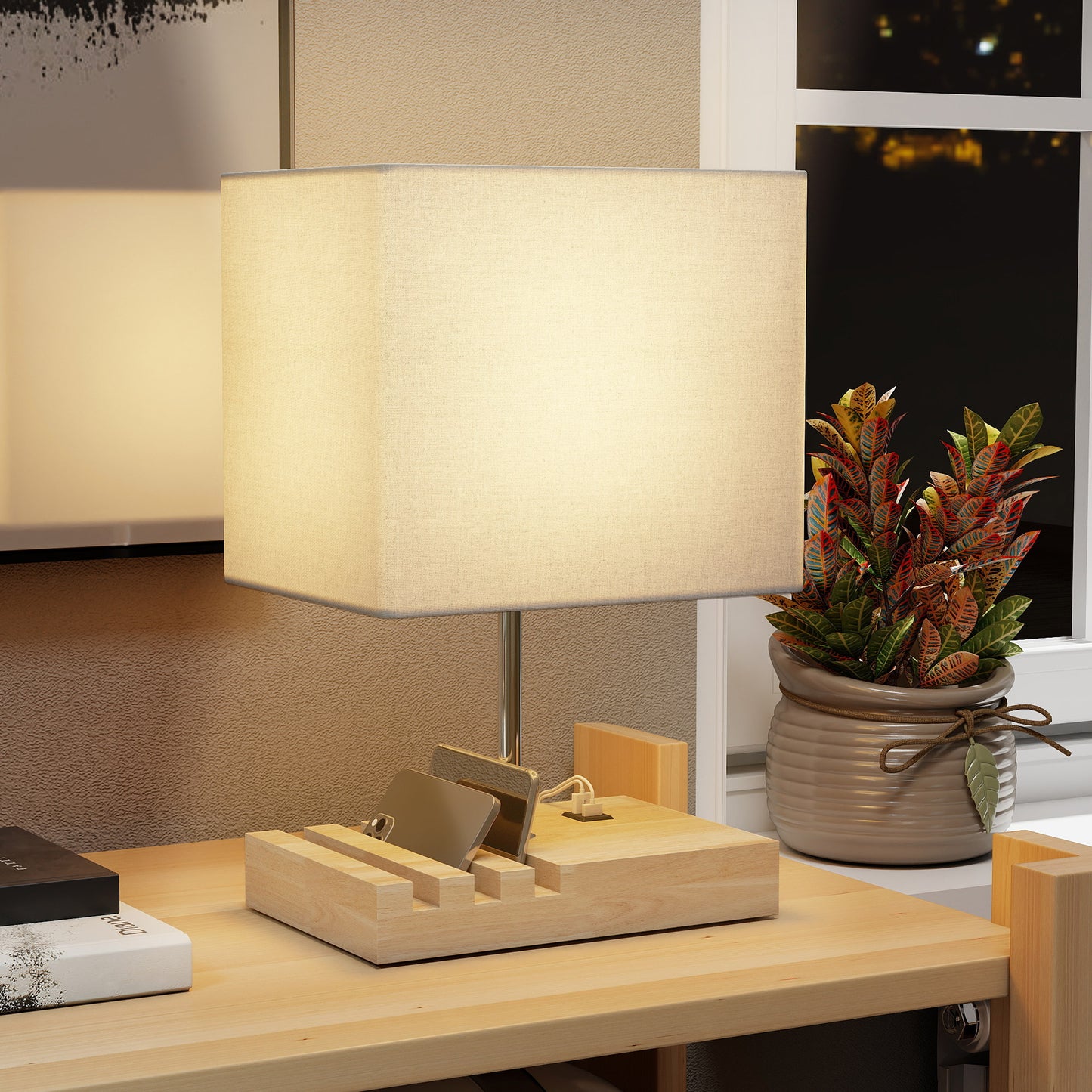 Bedside Lamp with USB A+C Charging Ports and 3 Phone Stands