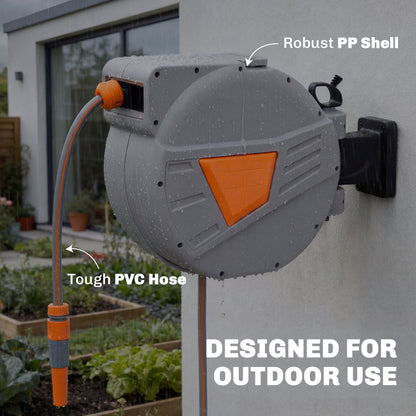 Retractable Hose Reel Wall Mounted, 20+1.6m Garden Hose Pipe Reel with Auto Retraction, Self-Locking, Orange
