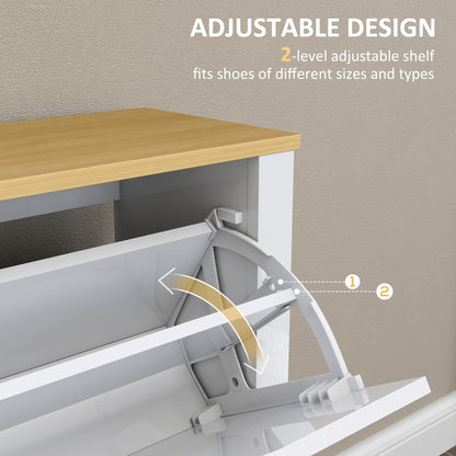 Slim Shoe Cabinet, Narrow Shoe Cupboard with 4 Flip Drawers, Adjustable Shelves for 16 Pairs of Shoes, White