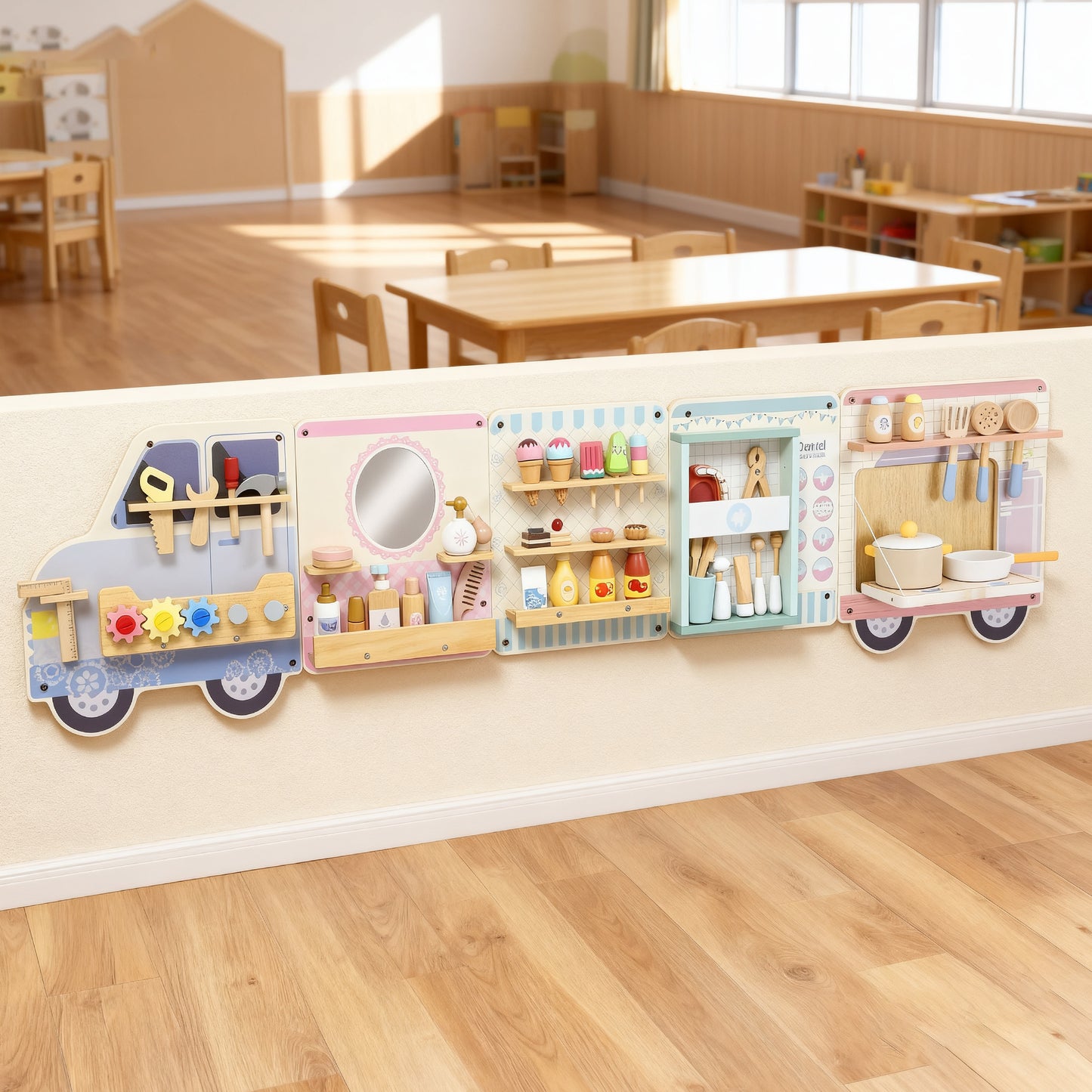 Wooden Busy Board, 5 in 1 Activity Wall Panels for Kids 3+ Years, for Daycare, Playroom, Home