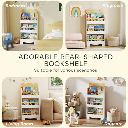 Kids Bookshelf, 3 Tier Children Bookcase, Bear Theme Toddler Space-Saving Bookcase for Living Room, White