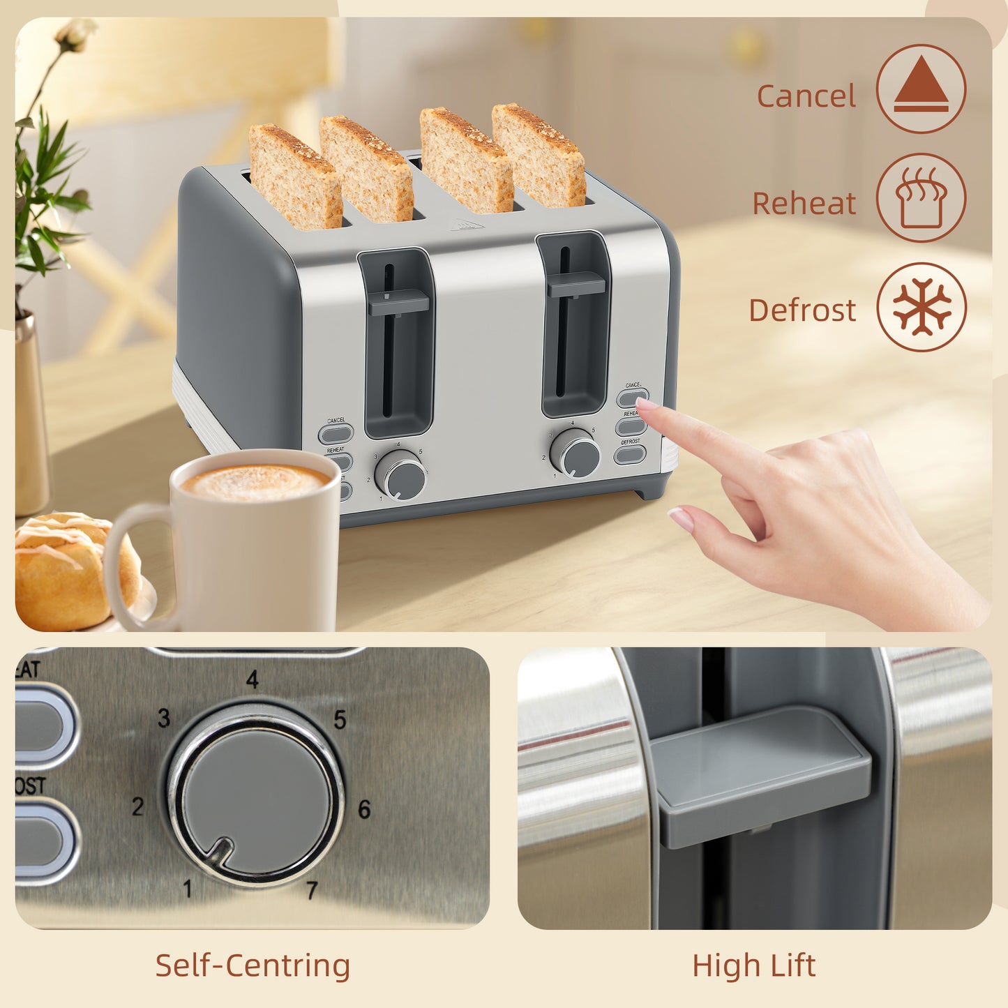 Stainless Steel Panel Kettle and Toaster Set - Grey