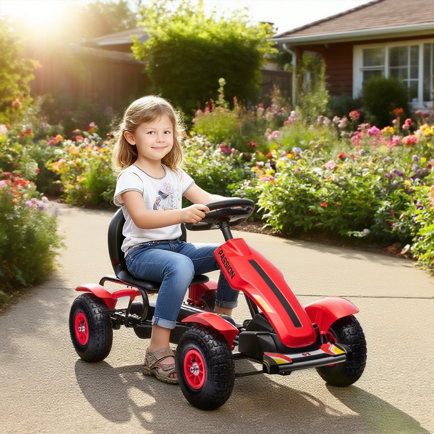Pedal Go Kart, Kids Ride On Racer with Adjustable Seat, Inflatable Rubber Tyres, Handbrake for Ages 5-12 Years - Red